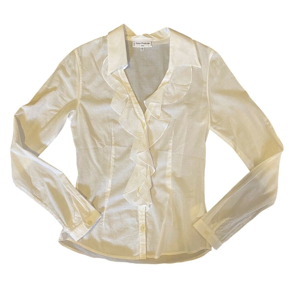 New $430 Anne Fontaine 0 XS White Sheer Voile Blouse Shirt Top Ruffle V Neck